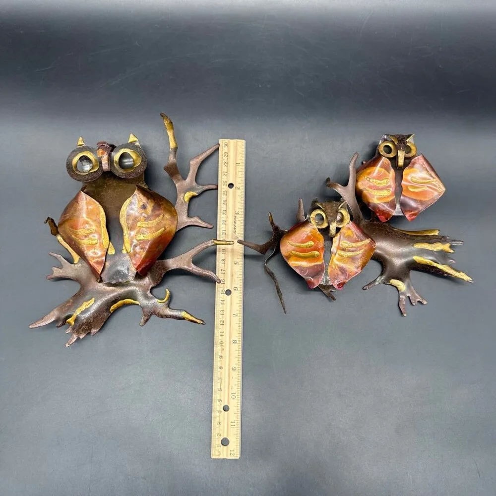 Vintage Owl Wall Art Brutalist 1970s Metal Set Of 2 Mid Century Modern Sculpture - Picture 10 of 10